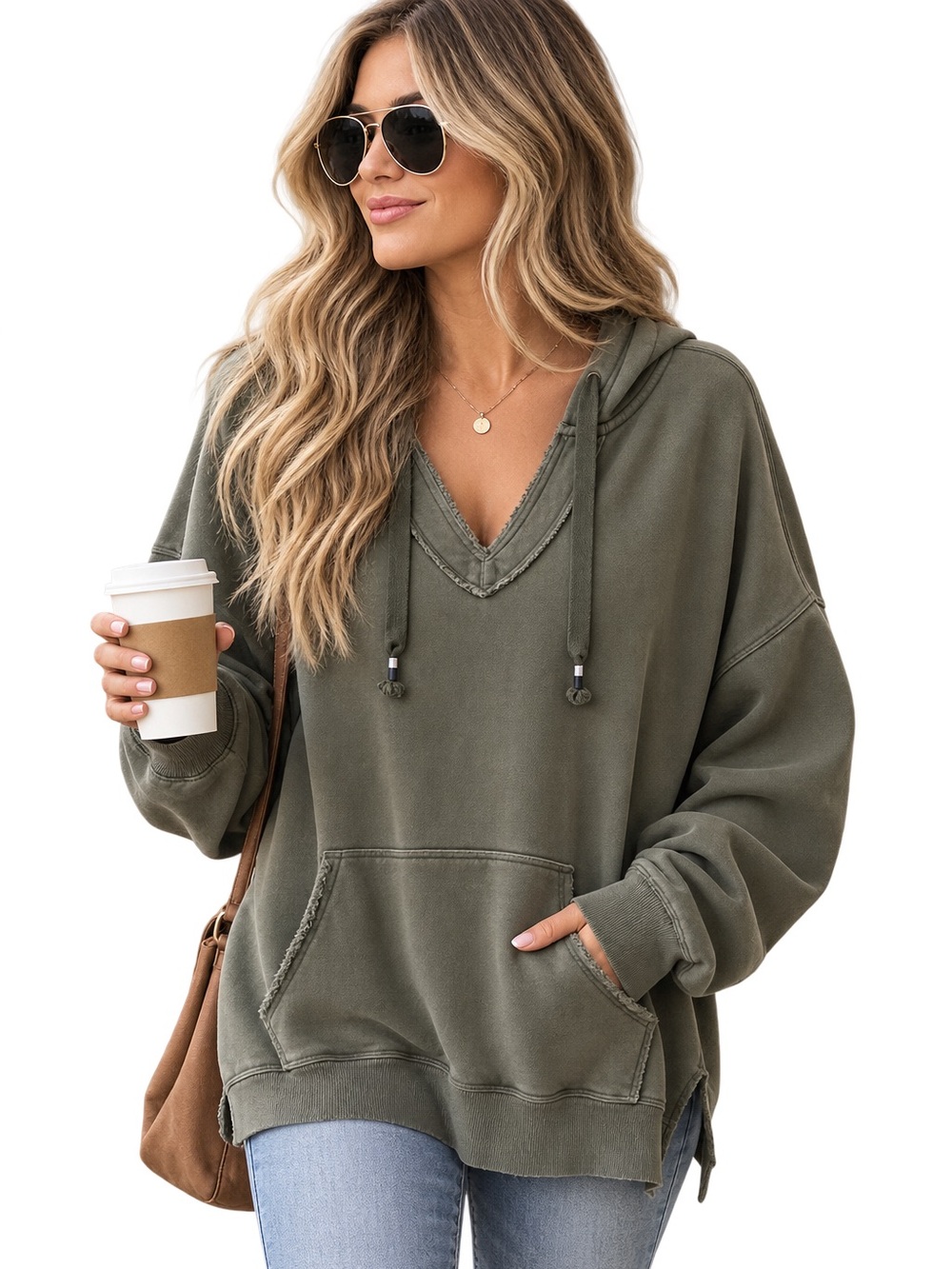 Aerie Olive Green Boho Hooded Pullover Sweatshirt size Medium